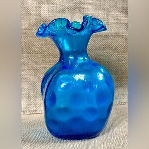 Bright Blue Hand Blown Glass Thumbprint Vase Ruffle Rim Ocean Coastal Fairy Core
